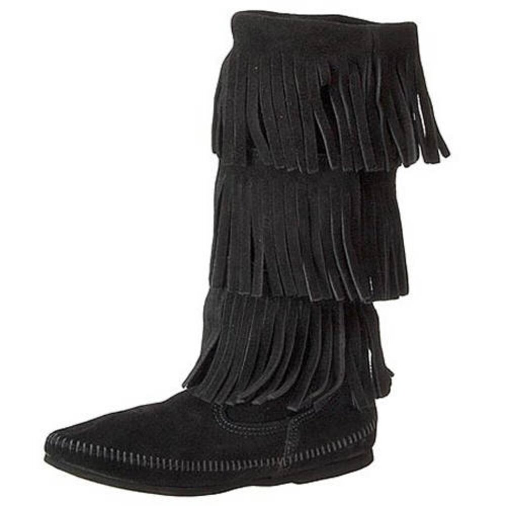 Minnetonka 3-Layer Black Fringe Boot Size 7 - image 3